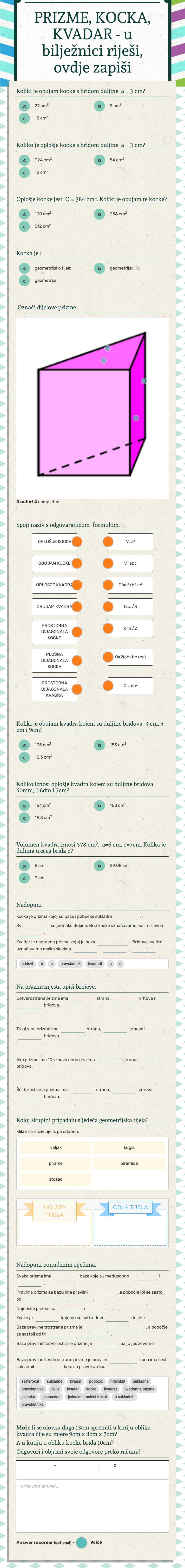 PRIZME, KOCKA, KVADAR - 
u bilježnici riješi, ovdje zapiši worksheet preview image