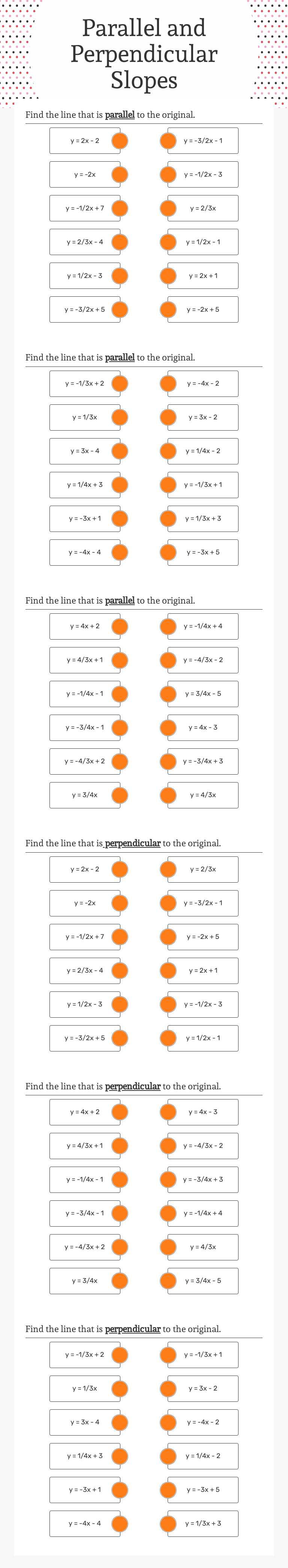 Parallel and Perpendicular Slopes worksheet preview image