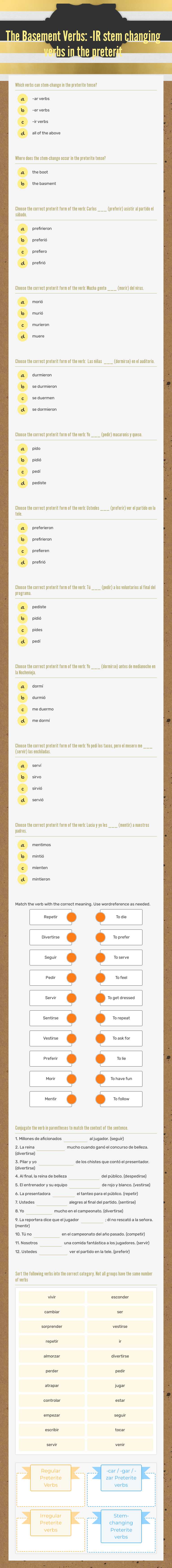 The Basement Verbs: -IR stem changing verbs in the preterit Grade 10 worksheet preview