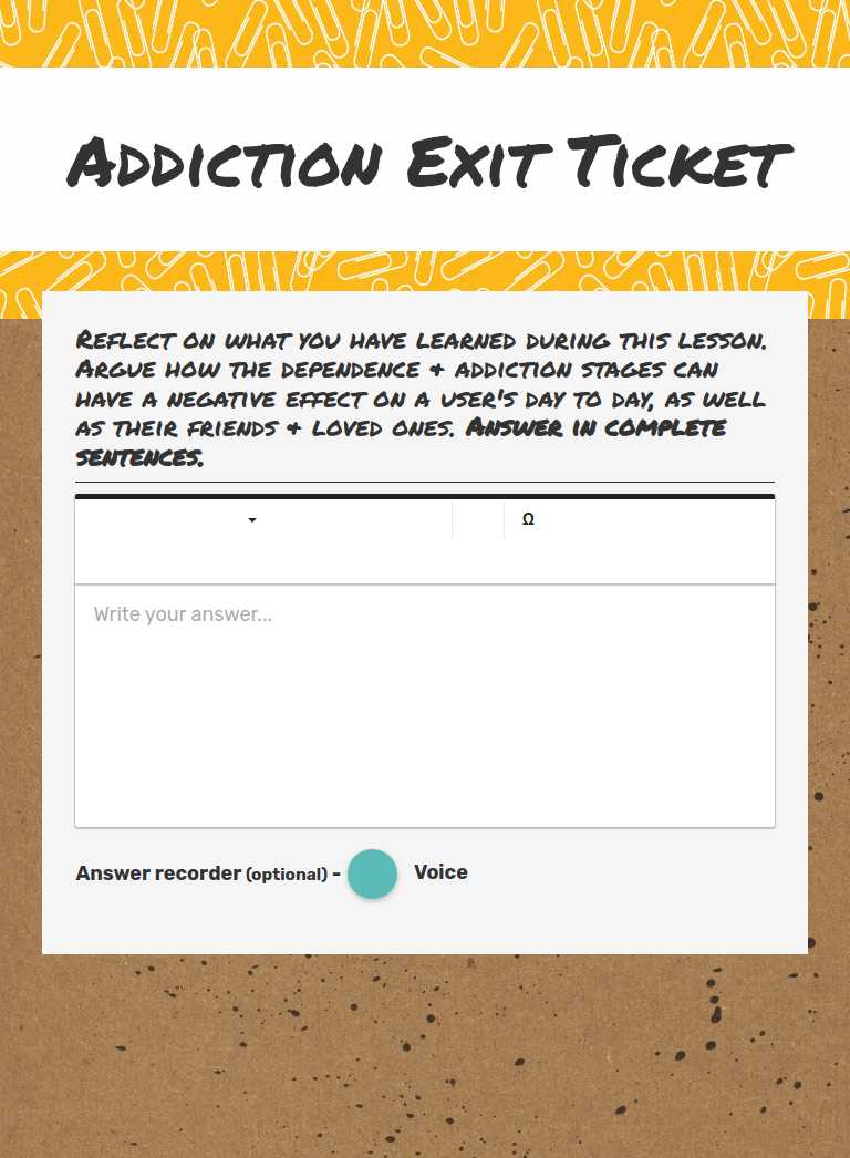 Addiction Exit Ticket worksheet preview
