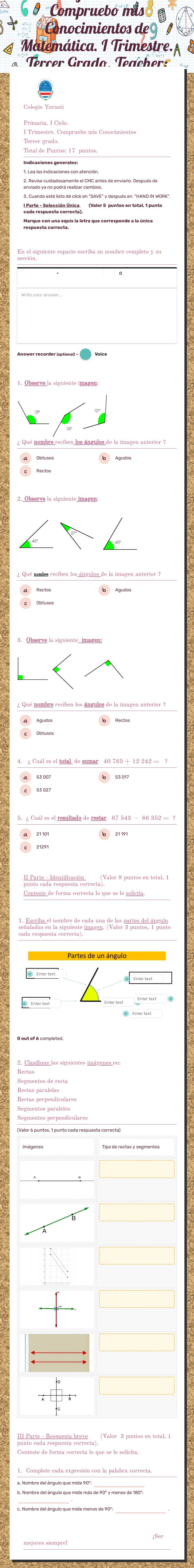 Colegio Yurusti     Compruebo mis Conocimientos de Matemática.  I Trimestre. Tercer Grado. Teacher: Silvia Varela R. worksheet preview image