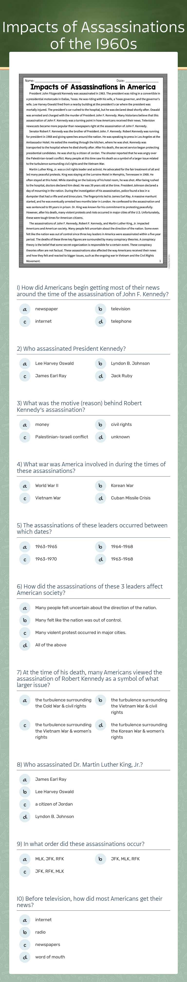 Impacts of Assassinations of the 1960s worksheet preview image