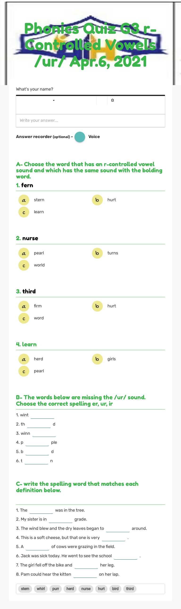 Phonics Quiz G3       r-Controlled Vowels /ur/  Apr.6, 2021 worksheet preview image