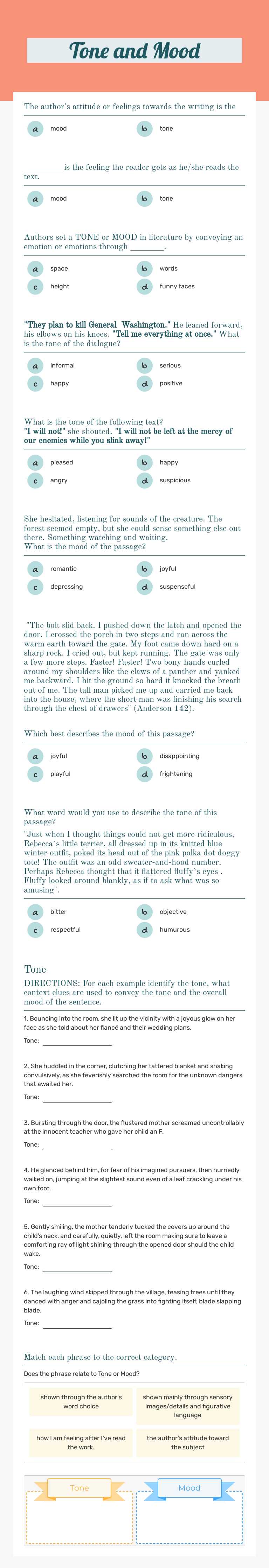 Tone and Mood worksheet preview image