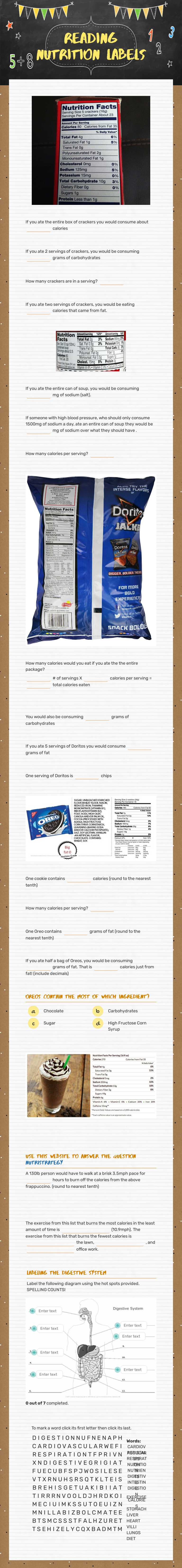 Reading Nutrition Labels Grade 8 worksheet preview