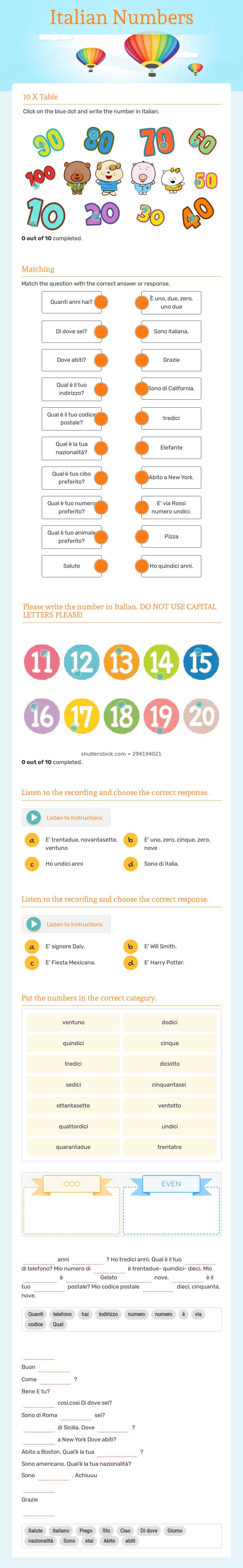 Italian Numbers Grade 7 worksheet preview