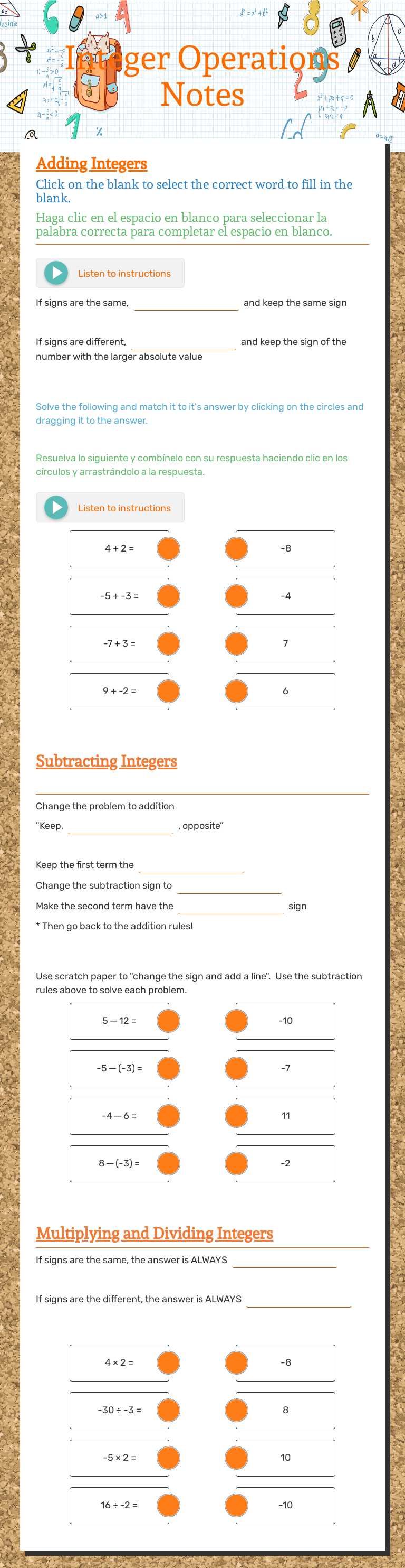 Integer Operations Notes worksheet preview image