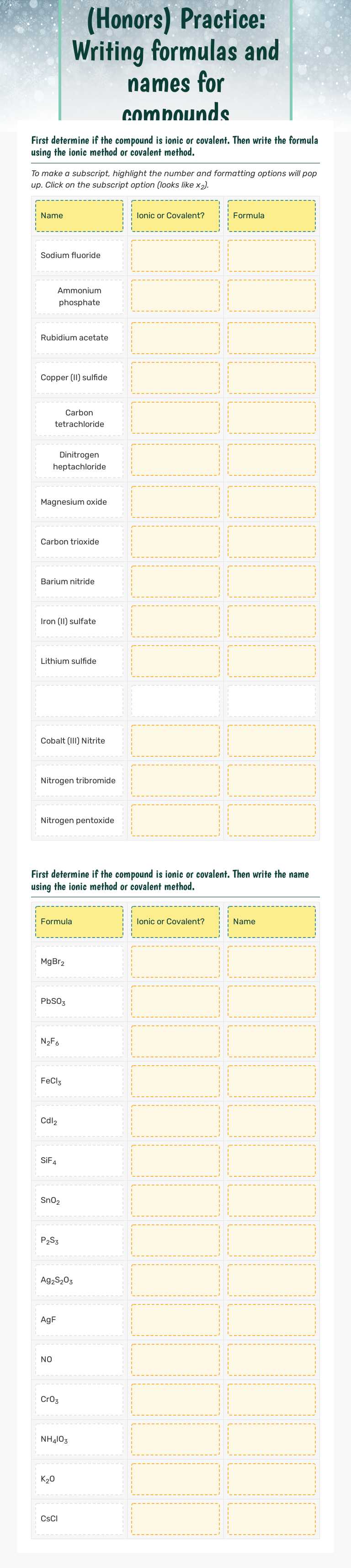 (Honors) Practice: Writing formulas and names for compounds worksheet preview image