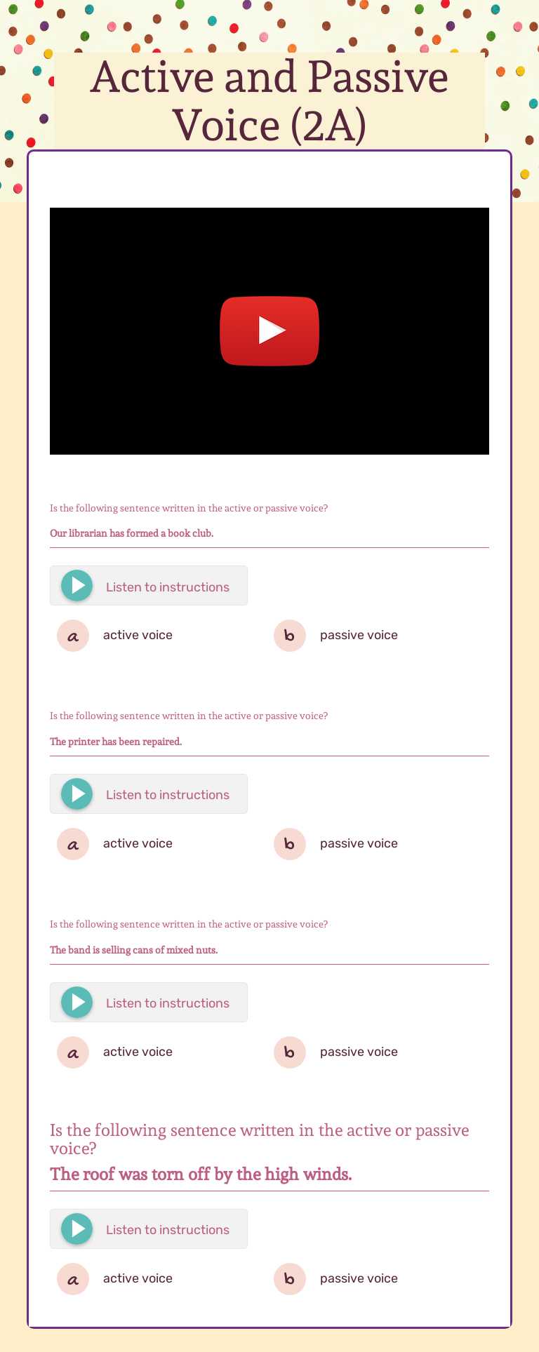 Active and Passive Voice (2A) worksheet preview image