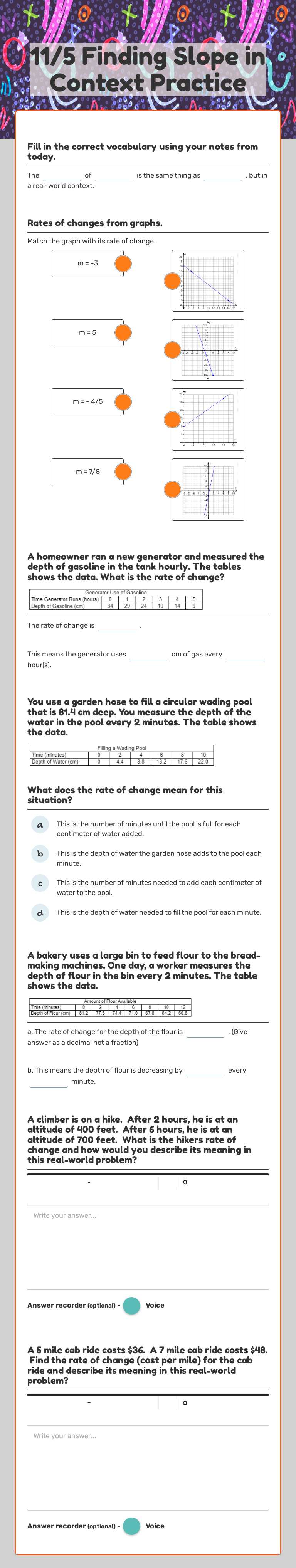 11/5 Finding Slope in Context Practice worksheet preview image