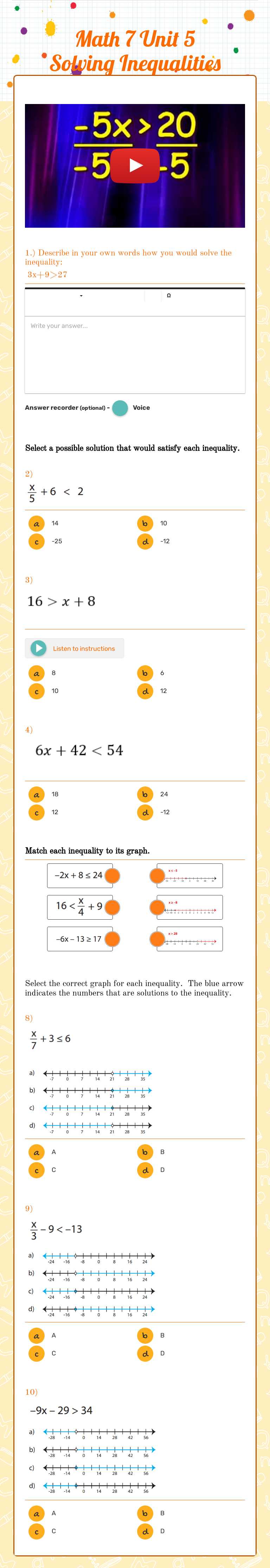 Math 7 Unit 5 Solving Inequalities Grade 7 worksheet preview