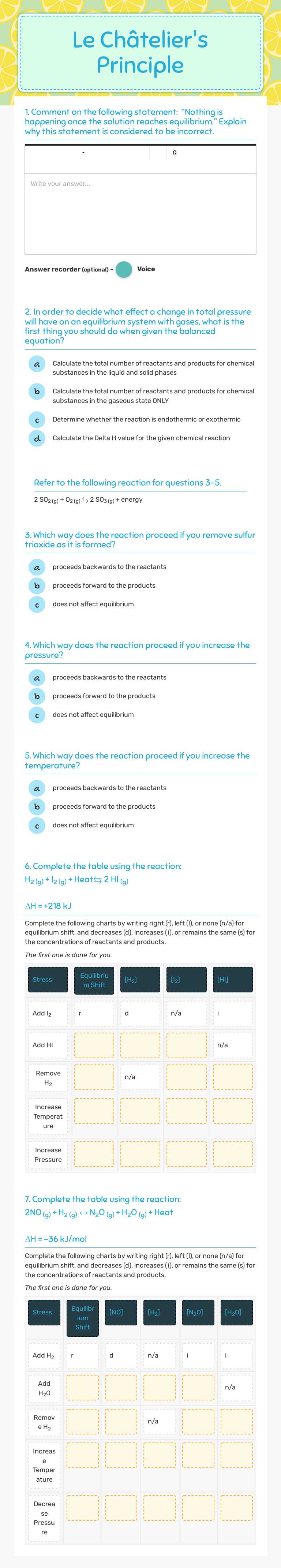 Le Châtelier's Principle worksheet preview image