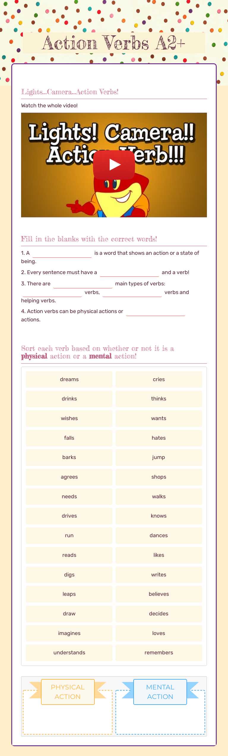 Action Verbs A2+ worksheet preview image