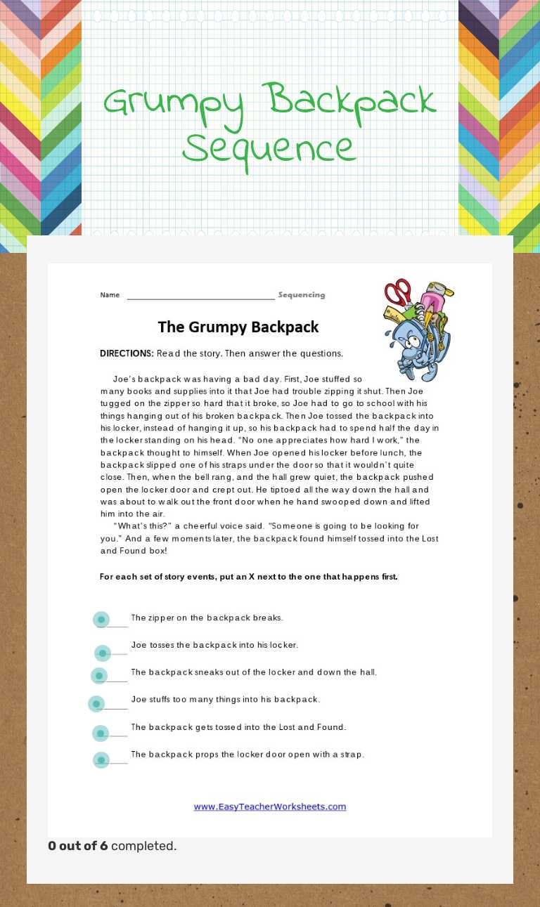 Grumpy Backpack Sequence worksheet preview image