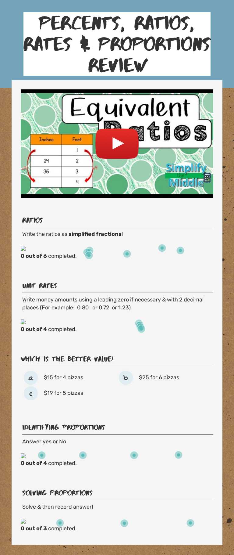 Percents, Ratios, Rates & Proportions Review worksheet preview image