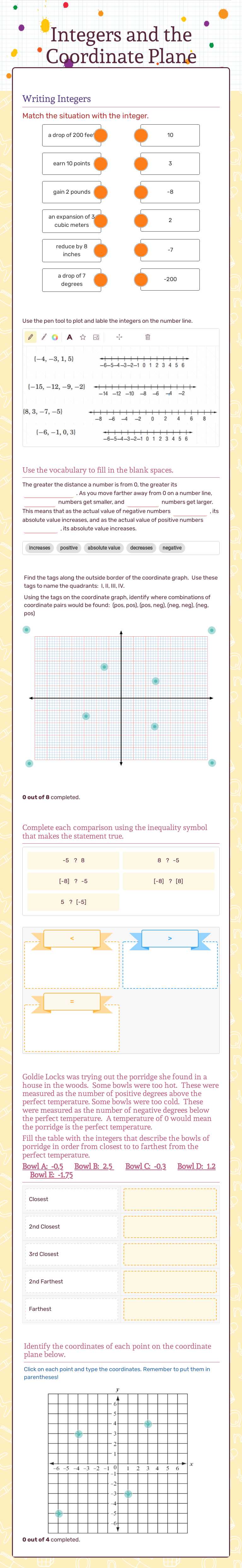 Integers and the Coordinate Plane worksheet preview image