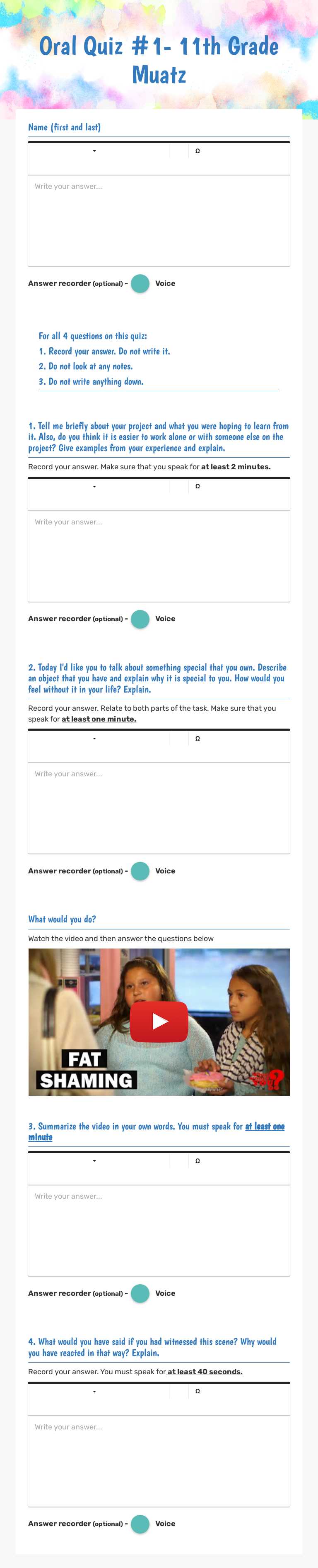 Oral Quiz #1- 11th Grade Muatz worksheet preview image