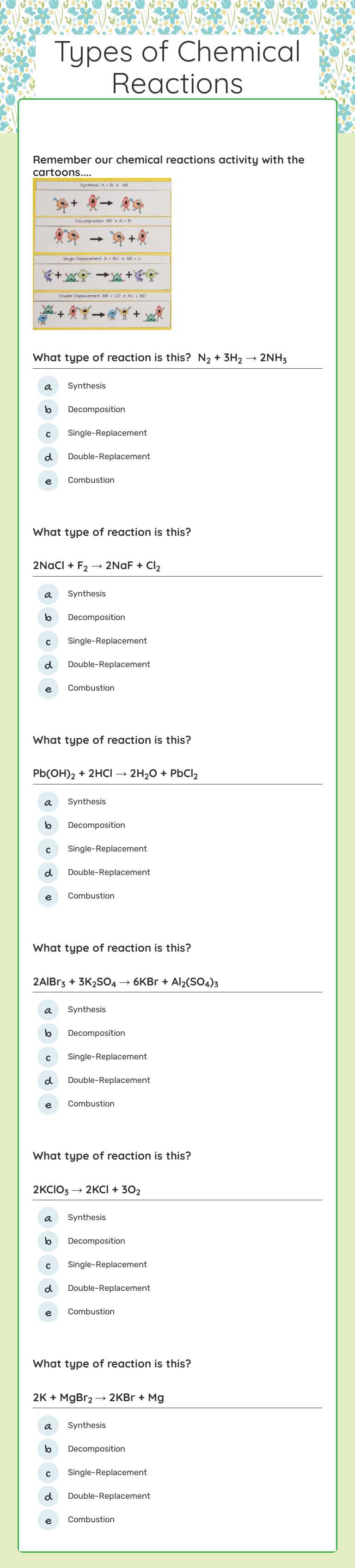 Types of Chemical Reactions Grade 10 worksheet preview