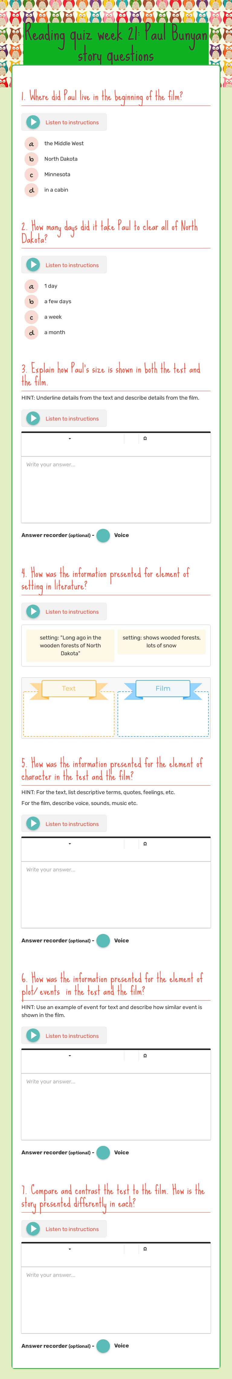 Reading quiz week 21: Paul Bunyan story questions worksheet preview image