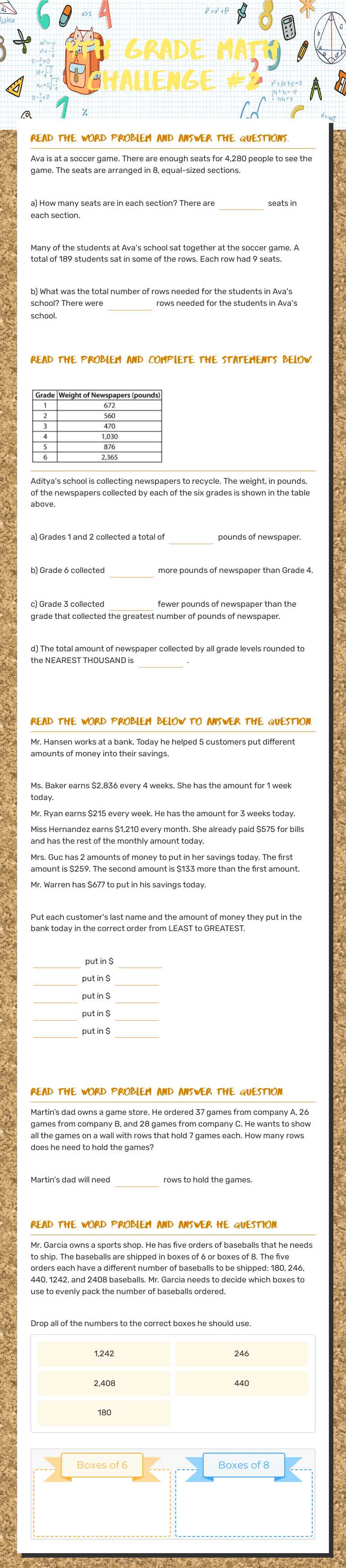 4th Grade Math Challenge #2 worksheet preview image