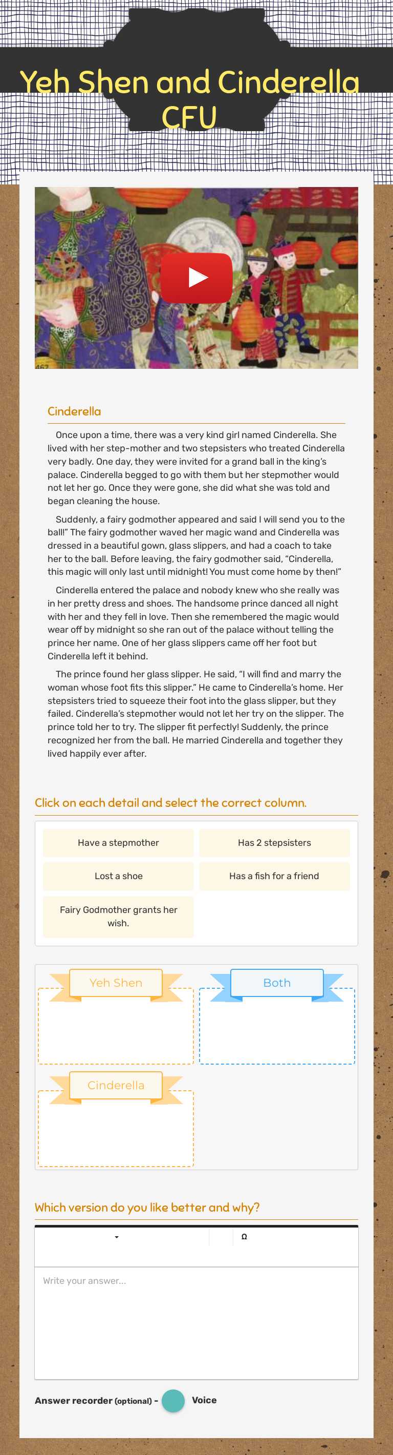 Yeh Shen and Cinderella CFU worksheet preview image