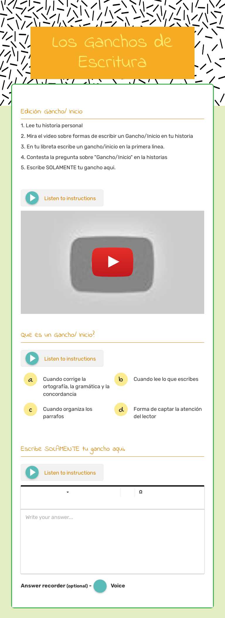Los Ganchos de Escritura Grade 3 worksheet preview