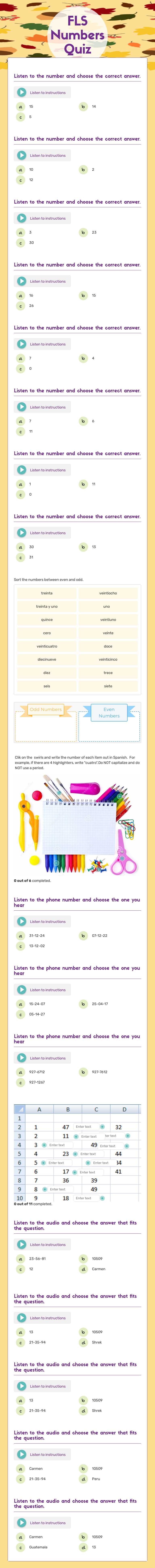 FLS Numbers Quiz worksheet preview image