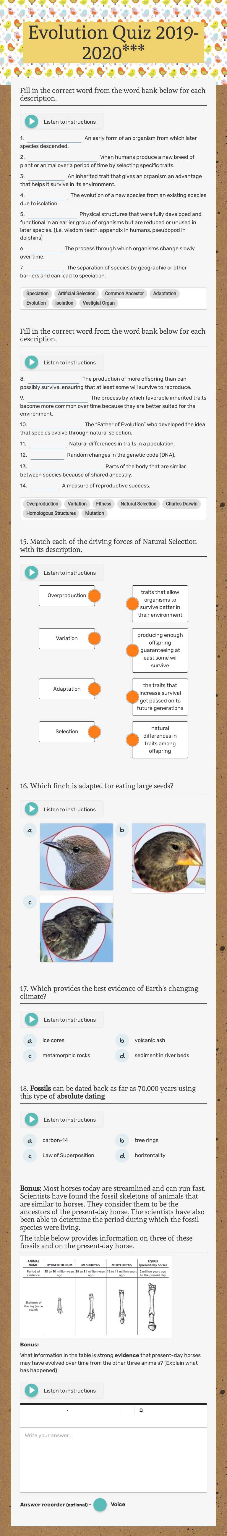 Evolution Quiz 2019-2020*** Grade 8 worksheet preview