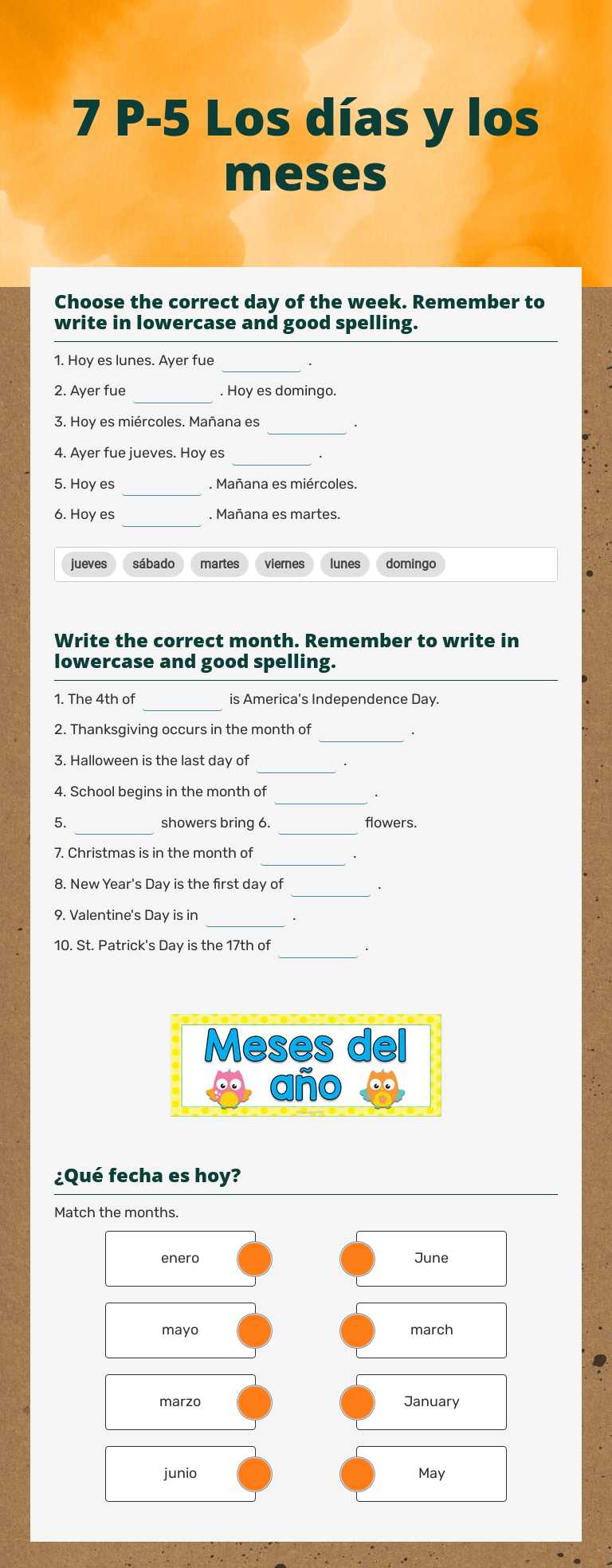7 P-5 Los días y los meses worksheet preview image