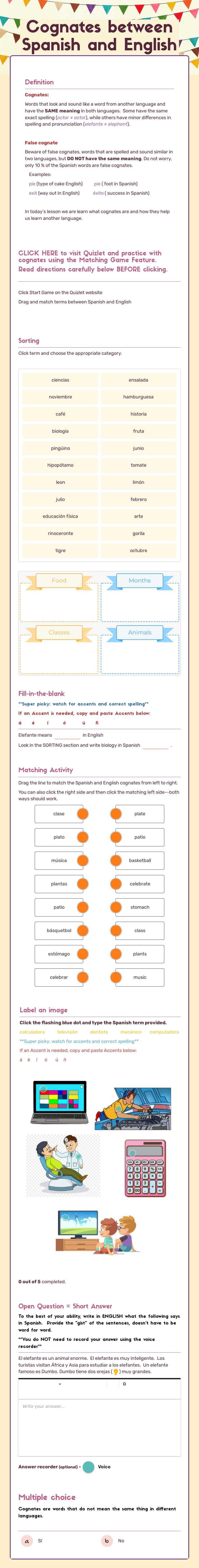 Cognates between Spanish and English Grade 10 worksheet preview