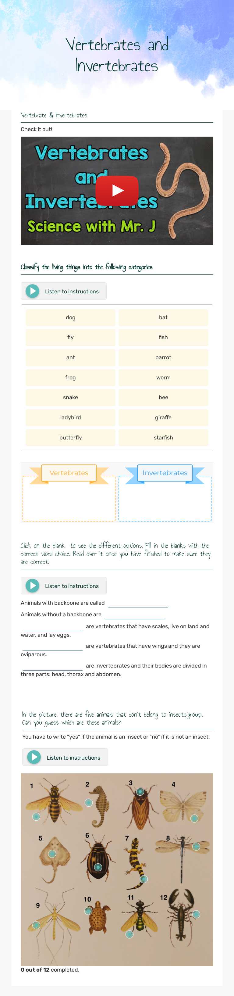 Vertebrates and Invertebrates worksheet preview image