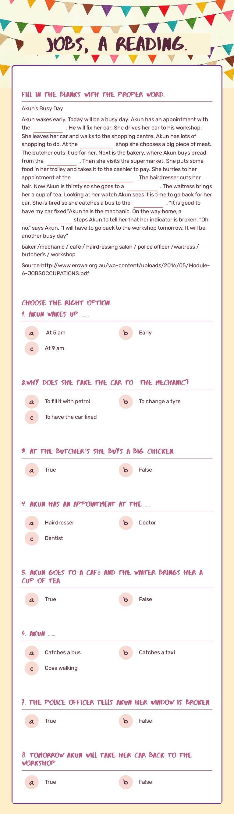 Jobs, a reading. Other worksheet preview
