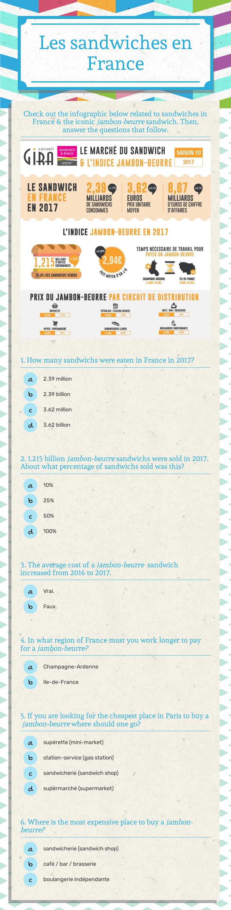 Les sandwiches en France worksheet preview image