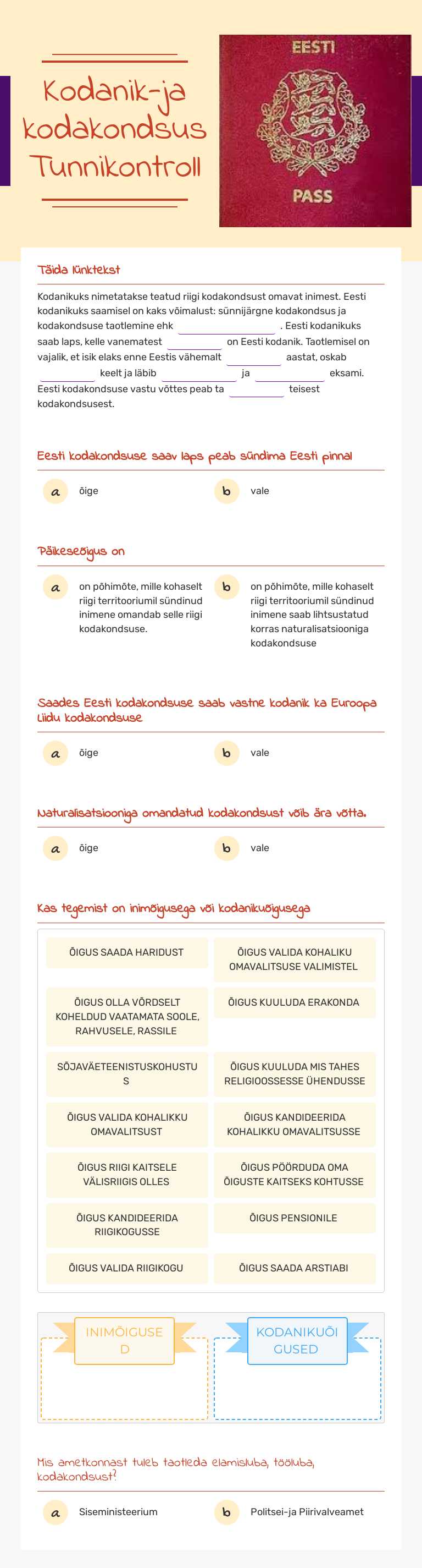 Kodanik-ja kodakondsus Tunnikontroll worksheet preview image