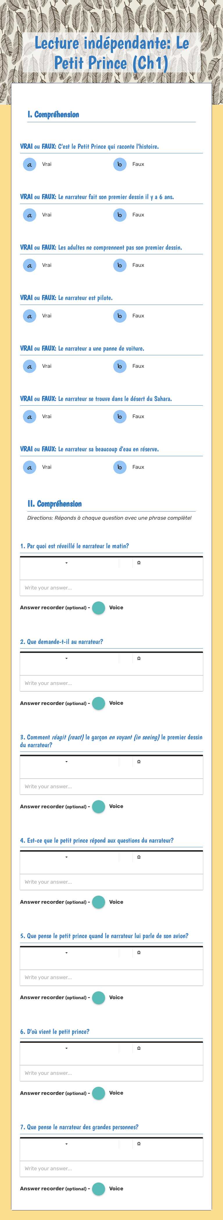 Lecture indépendante: 
Le Petit Prince (Ch1) Grade 10 worksheet preview