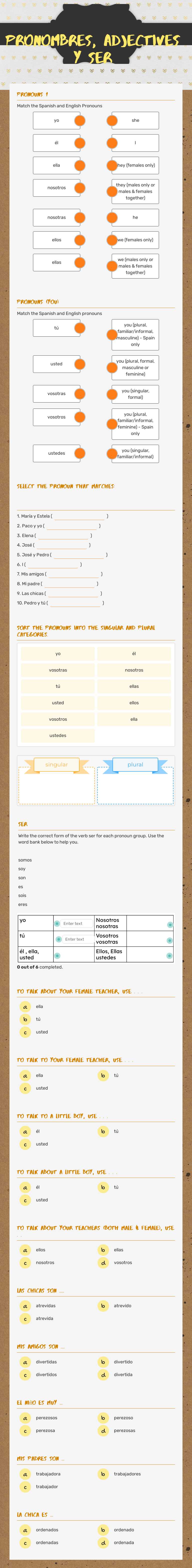 pronombres, adjectives y ser Grade 10 worksheet preview