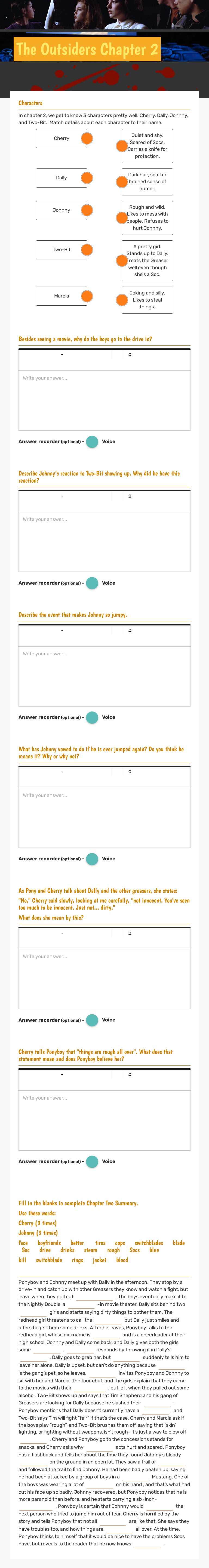 The Outsiders Chapter 2 worksheet preview image