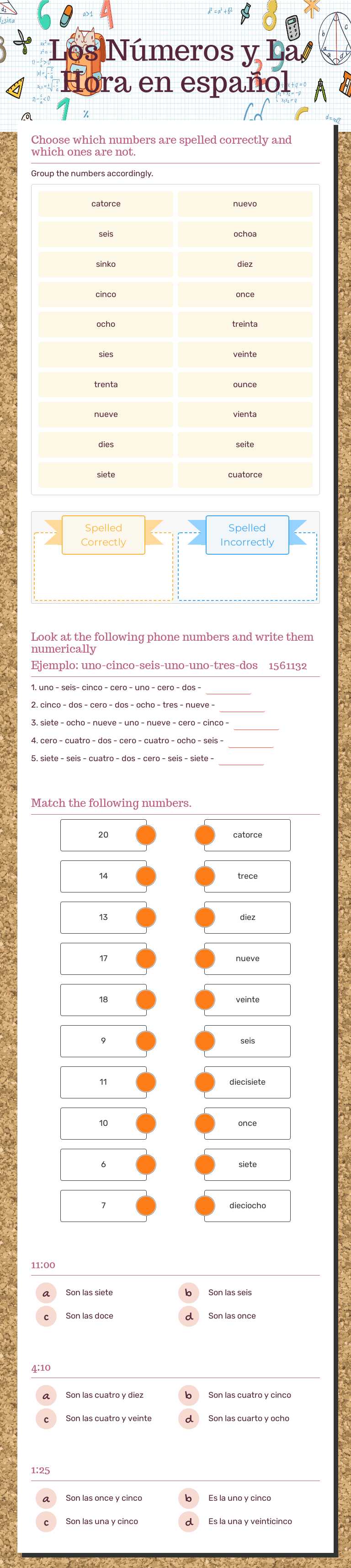 Los Números y                        La Hora en español worksheet preview image