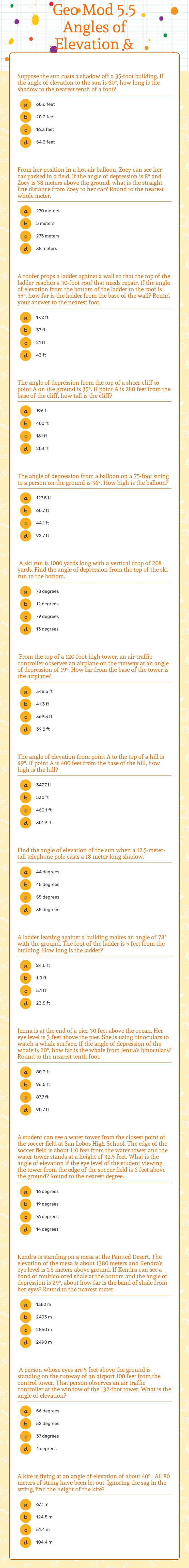 Geo Mod 5.5 Angles of Elevation & Depression worksheet preview image