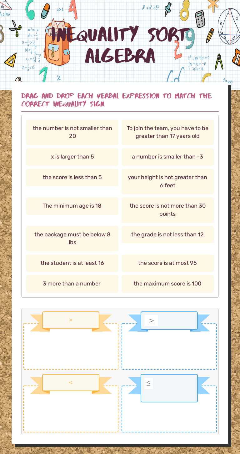 Inequality Sort Algebra worksheet preview image