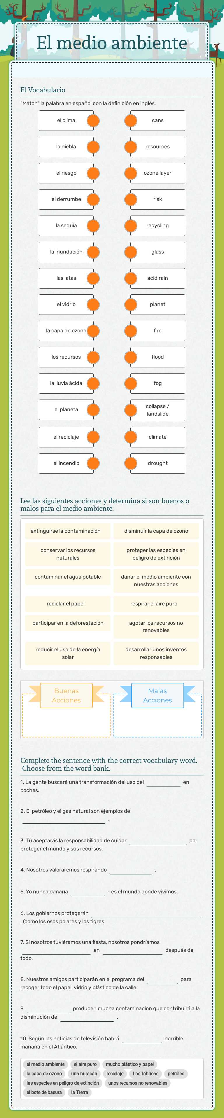 El medio ambiente Grade 10 worksheet preview