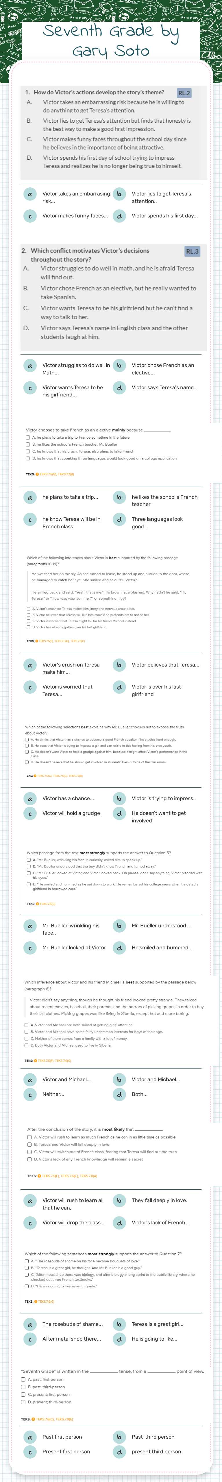 Seventh Grade by Gary Soto worksheet preview image