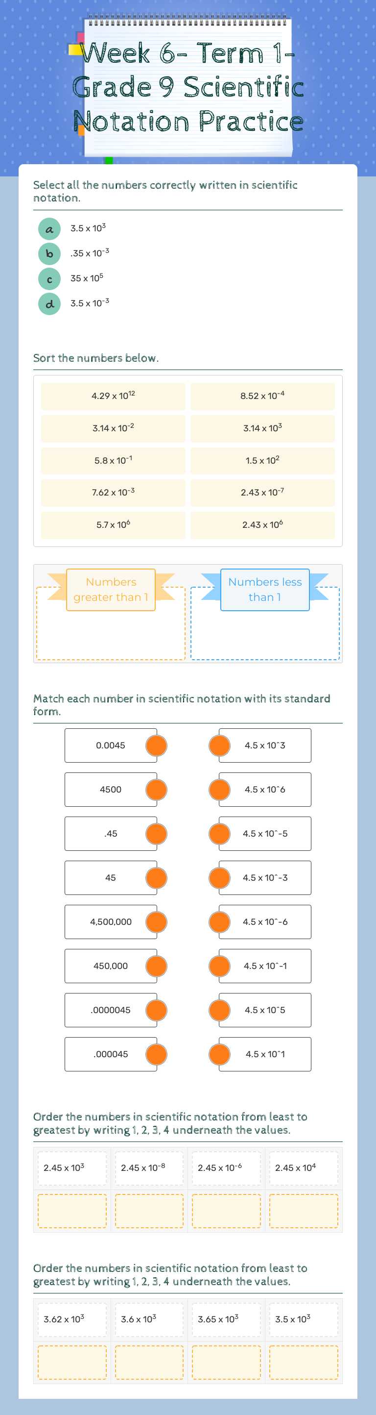 Week 6- Term 1- Grade 9 Scientific Notation Practice worksheet preview image
