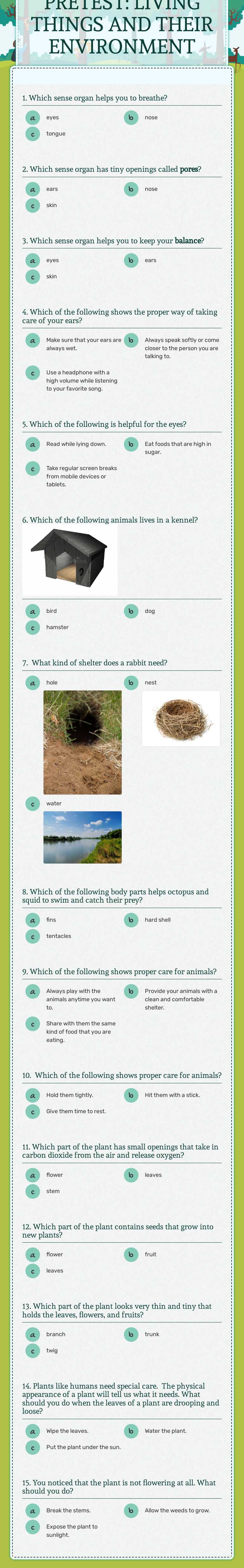PRETEST: LIVING THINGS AND THEIR ENVIRONMENT Grade 3 worksheet preview