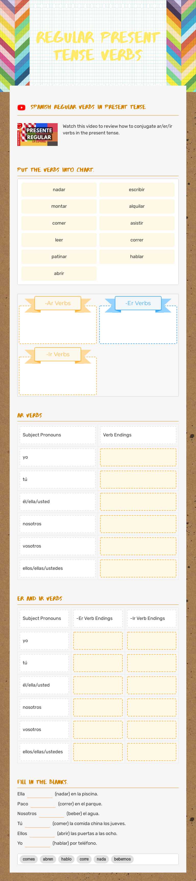 Regular Present Tense verbs worksheet preview image