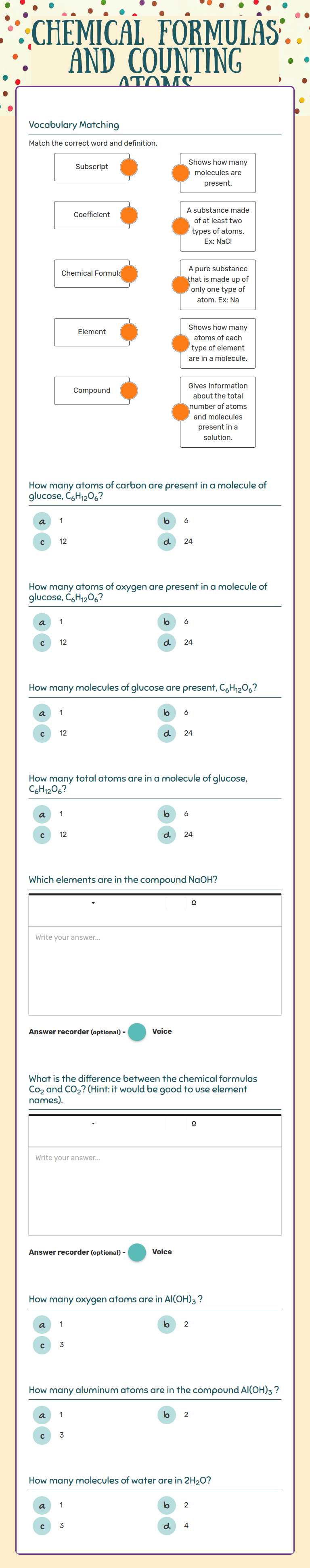 Chemical Formulas 
     and      Counting Atoms worksheet preview image