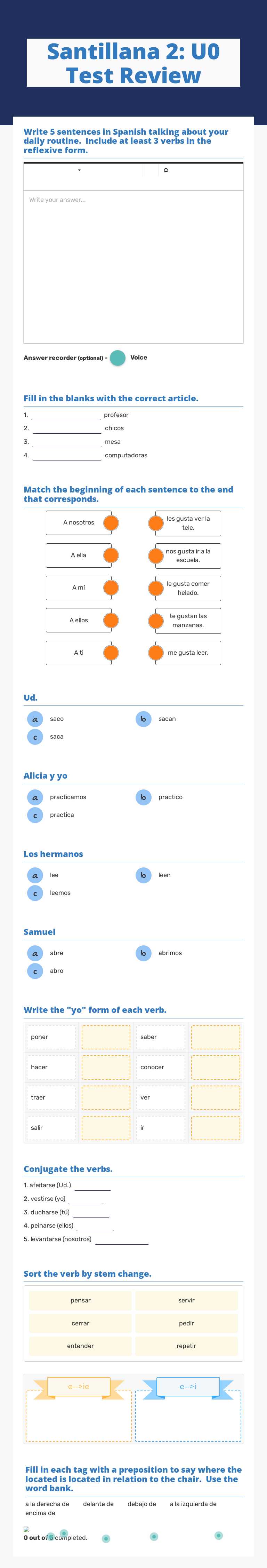Santillana 2: U0 Test Review worksheet preview image