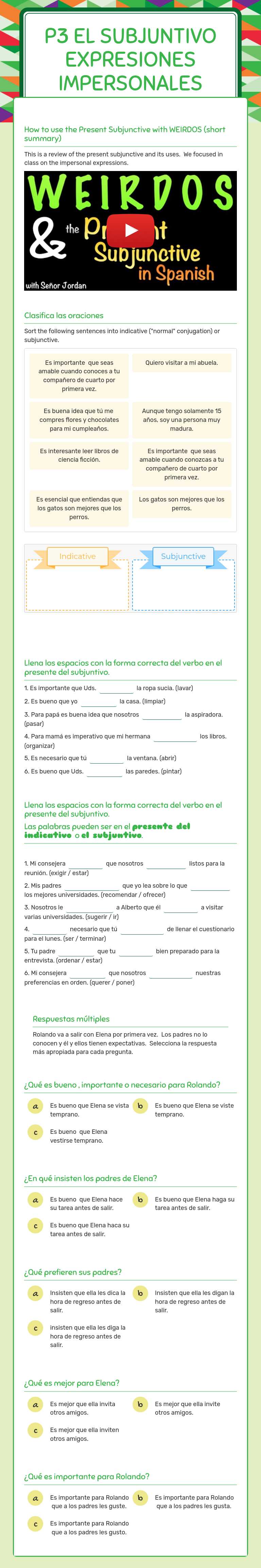 P3 el Subjuntivo Expresiones Impersonales worksheet preview image