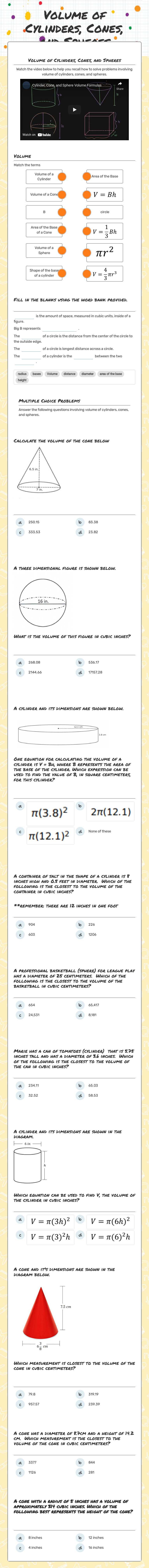 Volume of Cylinders, Cones, and Spheres worksheet preview image