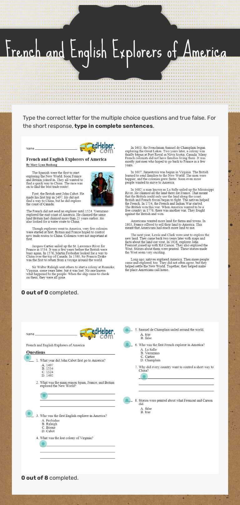 French and English Explorers of America worksheet preview image